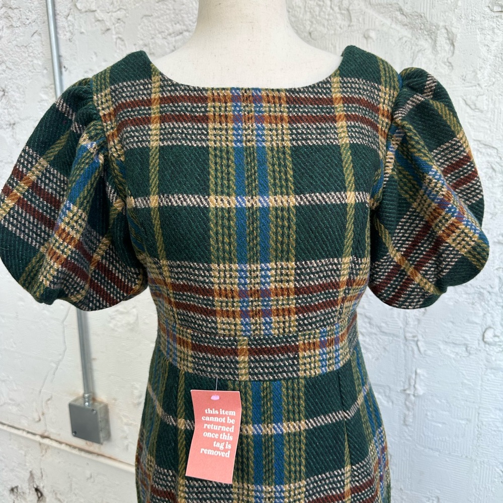 NWT Ivy City holly plaid dress puff sleeves green midi Women’s Size SMALL - Picture 2 of 8
